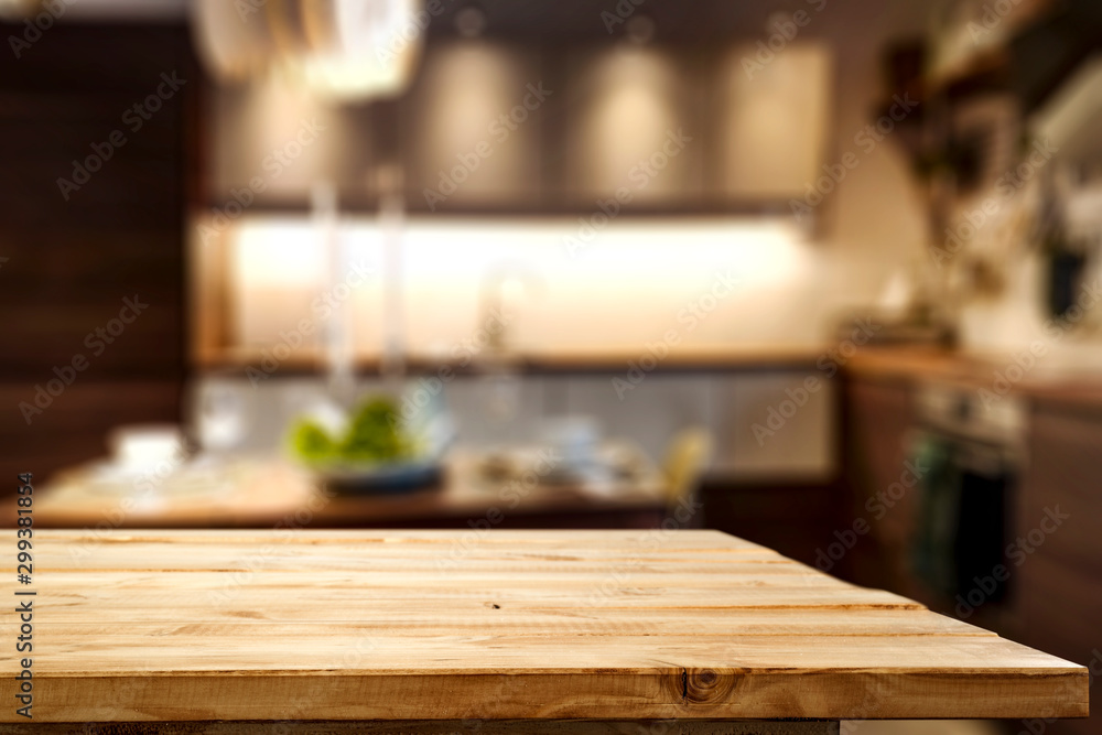 Table background of free space and kitchen interior Table background of free space and kitchen interior