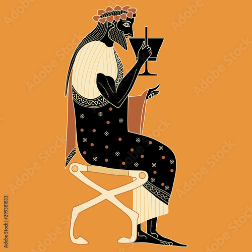 Ancient Greek god Dionysus sitting on throne with cup of wine. Base painting style.