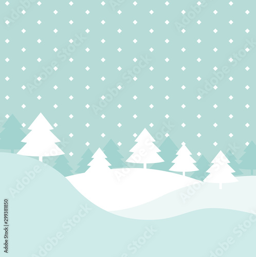 Winter hills scene with xmas fir trees and geometric snow vector background, elegant flat cartoon christmas postcard or decoration backdrop for copy space text, snowfall season forest poster image © vladwel