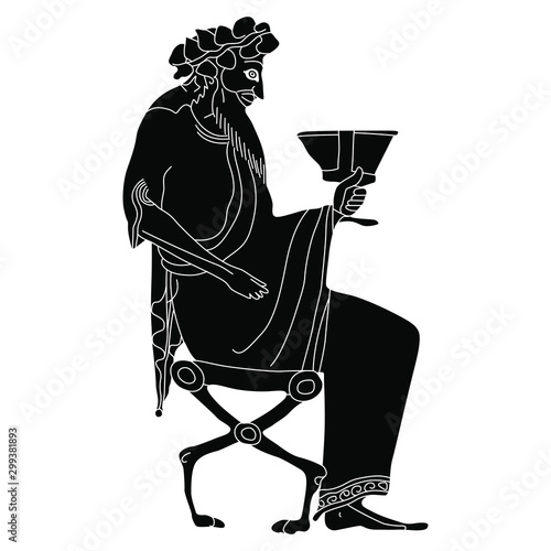 Ancient Greek god Dionysus seated on throne with cup of wine.. Black and white silhouette.