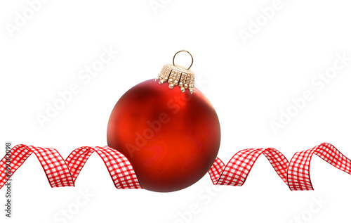 Glänzend Rote Weihnachtskugel am Band isoliert auf weissem Hintergrund