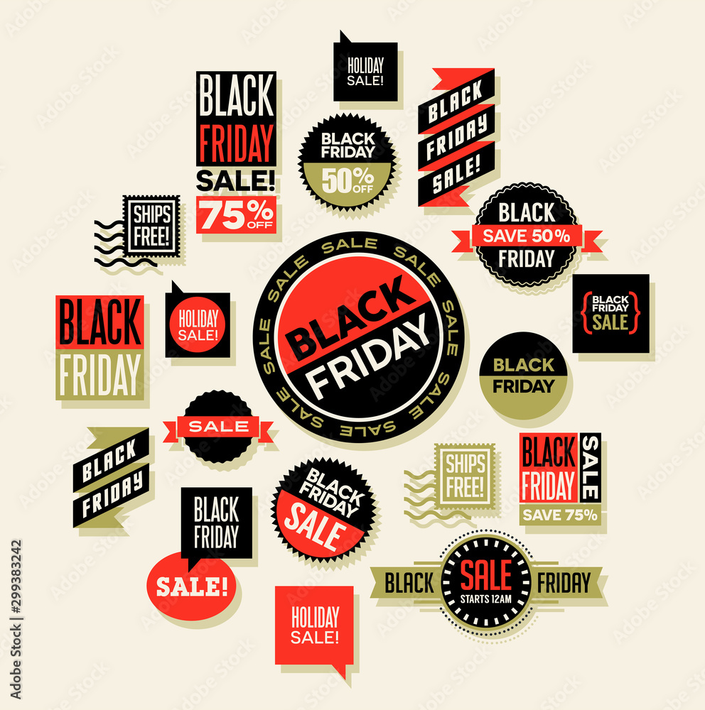 big set of sales spots and clip art for Black Friday and holiday sales. Vector illustration.