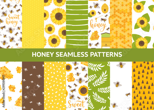 Vector seamless pattern with bee, honeycomb, honey, jar, sunflower. Sweet honey background for beekeeping products.
