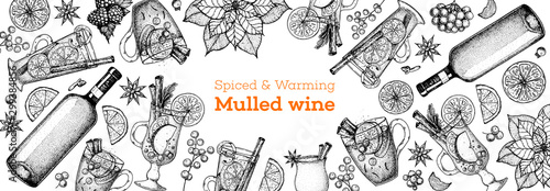 Hot drinks, bar menu. Mulled wine, winter hot drink top view. Hand drawn sketch. Vector illustration. Christmas design template. Sketch collection. Christmas bar menu. Mulled wine, coffee and tea