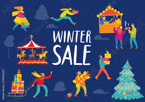 Winter sale poster with vector shopping people