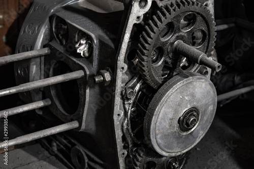 Old disassembled boxer engine. Retro Dnepr motorcycle engine.