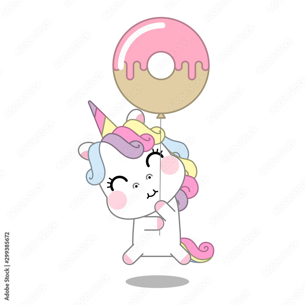 Unicorn cartoon with holding donut balloon, baby animal, Kawaii Character pony cartoon, nursery decoration, perfect for kid's greeting card design and Print for t-shirt. Vector illustration. Unicorn cartoon with holding donut balloon, baby animal, Kawaii Character pony cartoon, nursery decoration, perfect for kid's greeting card design and Print for t-shirt. Vector illustration.