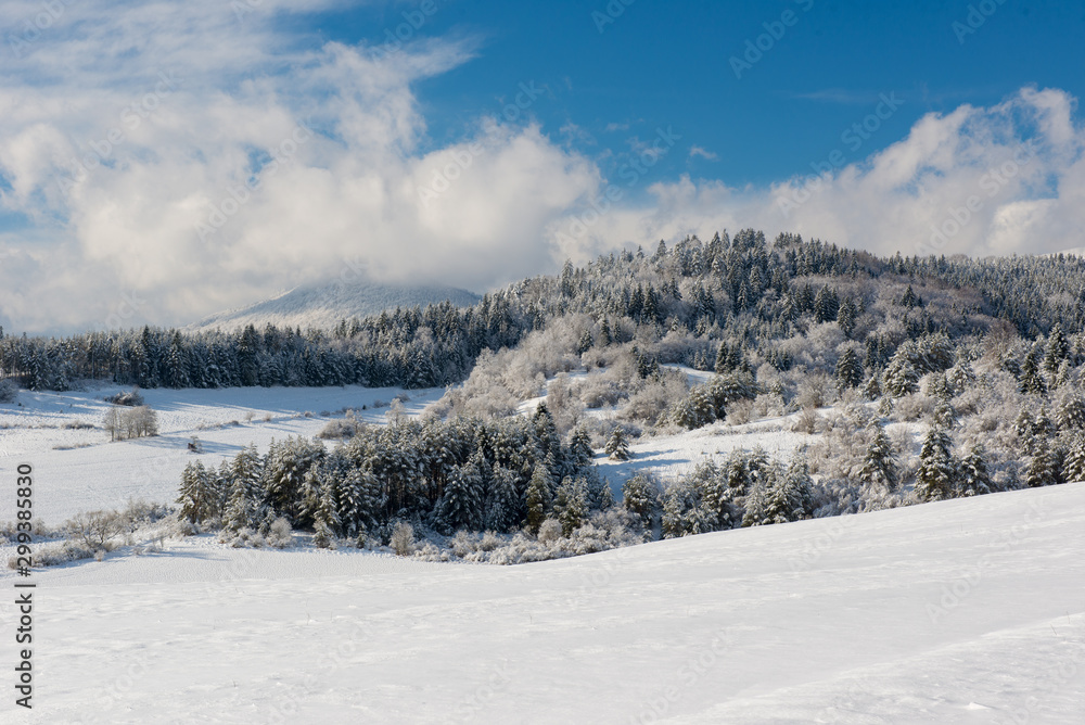 Frozen snow-covered landscape, fairytale winter in central Slovakia, Europe