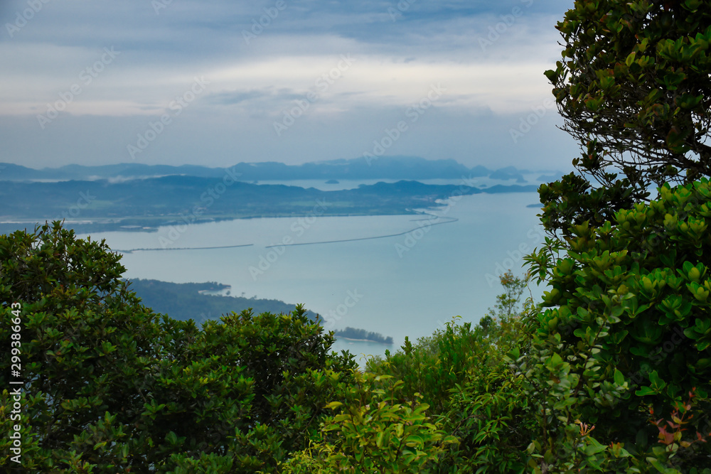 Panoramic landscape view of Langkawi Island from he top of Gunung Mat Chincang Mountain