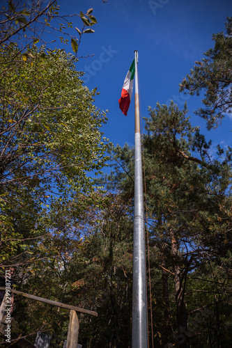 Italian flag on a pole in a forest with blue sky in the background