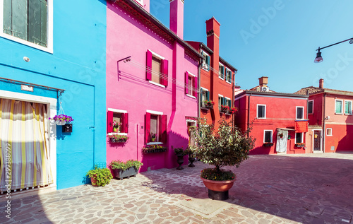 Fototapeta Naklejka Na Ścianę i Meble -  bright blue and crimson colored picturesque buildings at a little street , houses of Burano with shadows in the evening, Venice urban landscape