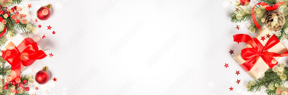 Christmas flat lay background with decorations on white. Christmas flat lay background with decorations on white.