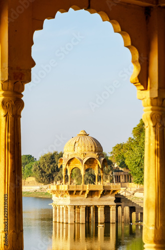 View of Gadi Sadar temple at Gadisar lake in Jaisalmer, Rajasthan, India. photo