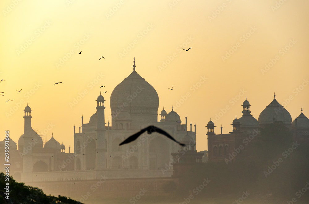 Taj Mahal during sunrise, The Taj Mahal is an ivory-white marble mausoleum on the south bank of the Yamuna river in Agra, India.