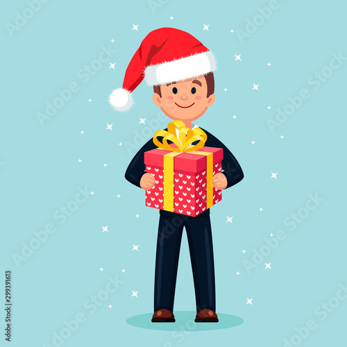 Happy business man with gift box and santa claus hat, cap. Merry christmas celebration. Present, package with ribbon, bow.  Vector cartoon design 