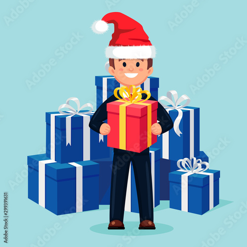 Happy business man with gift box and santa claus hat, cap. Merry christmas celebration. Present, package with ribbon, bow.  Vector cartoon design 
