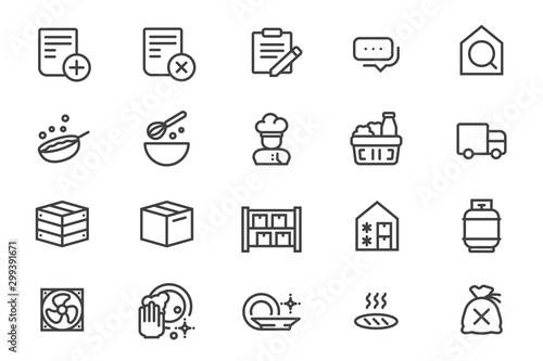 Controlling restaurant in purchases and cost. Back of the house operations. Line icon.