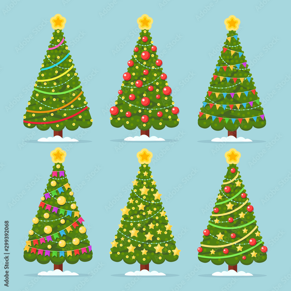 Set of decorated christmas tree with lights, star, decoration balls, gift boxes, lamps isolated on background. Merry xmas, happy new year concept. Vector cartoon design