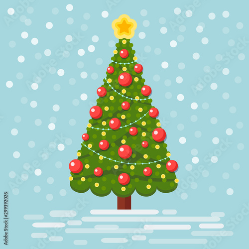 Decorated christmas tree with lights, star, decoration balls, gift boxes, lamps isolated on background. Merry xmas, happy new year concept. Vector cartoon design