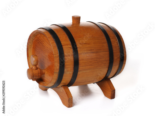 Wooden barrel for alcoholic drinks isolated on a white background.