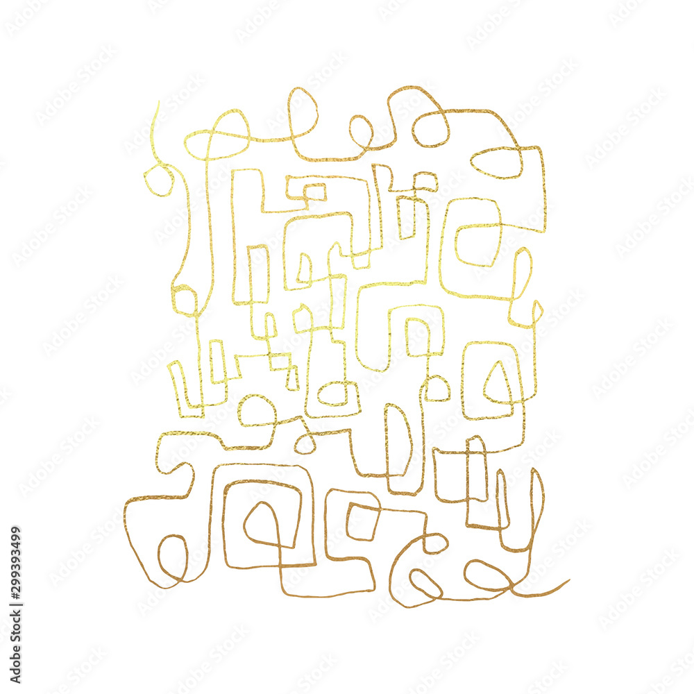 Tangled abstract scribble with hand drawn line in gold version. Doodle elements. Isolated sketch on white background. Vector illustration