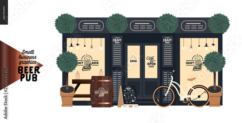 Brewery, craft beer pub -small business graphics -a bar facade-modern flat vector concept illustrations -a pub front, shocase with logo, table, barrel, bicycle, plants. pavement stand, blackboard menu