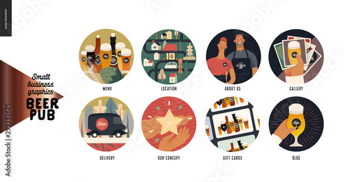 Brewery, craft beer pub - web icons -modern flat vector concept illustration of website template elements - icons menu, location, about us, gallery, delivery, concept, gift cards, blog