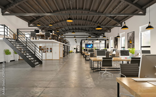 render of working space, office interior photo