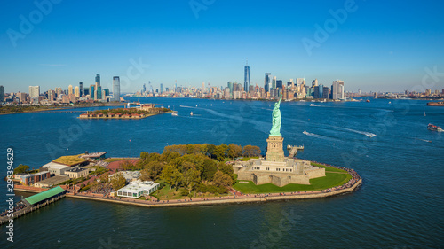 Aerial view to New York City Skyline from helicopter.