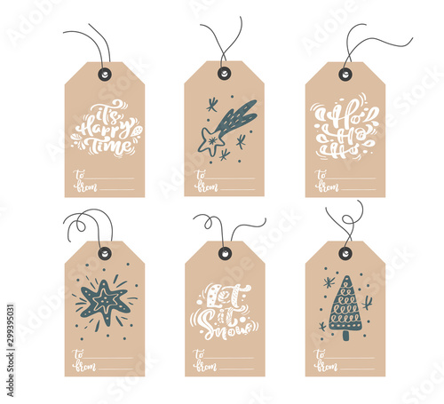 Set of hand drawn doodle scandinavian Christmas element tags with place for text. Collection holiday vector gift tags and bundle decorative hygge xmas elements