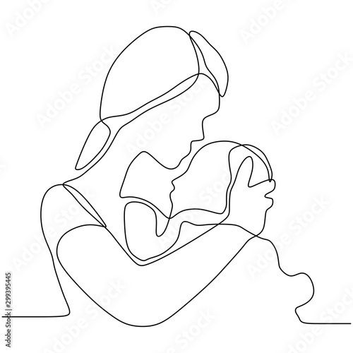 Continuous one line drawing of Happy mother and baby. Woman after baby's born silhouette picture of mom. Vector illustration simplicity design.