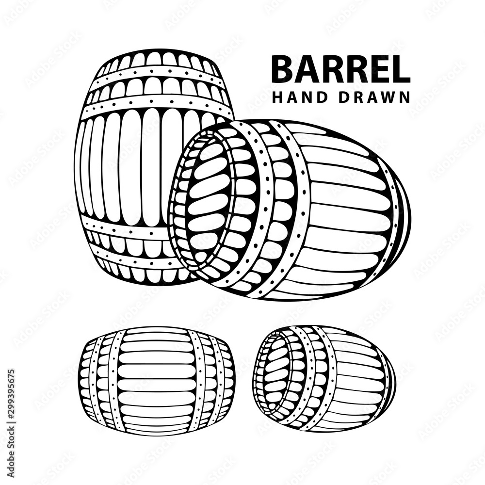 Barrel. Hand drawn barrel illustrations set in engraving style. Vintage