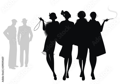 Silhouettes of four flapper girls walking together and two men in the background. Isolated on white background