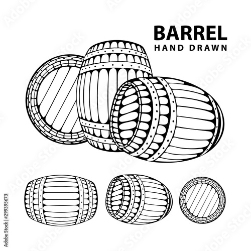 Barrel. Hand drawn barrel illustrations set in engraving style. Vintage whiskey, wine or beer barrel isolated on white background.  Barrel sketch drawing. Part of set.