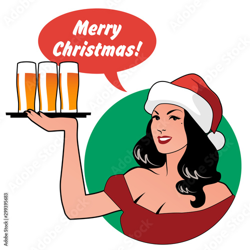 Beautiful girl wearing a Santa Claus hat, holding a tray with beers, saying "Merry Christmas". Retro style
