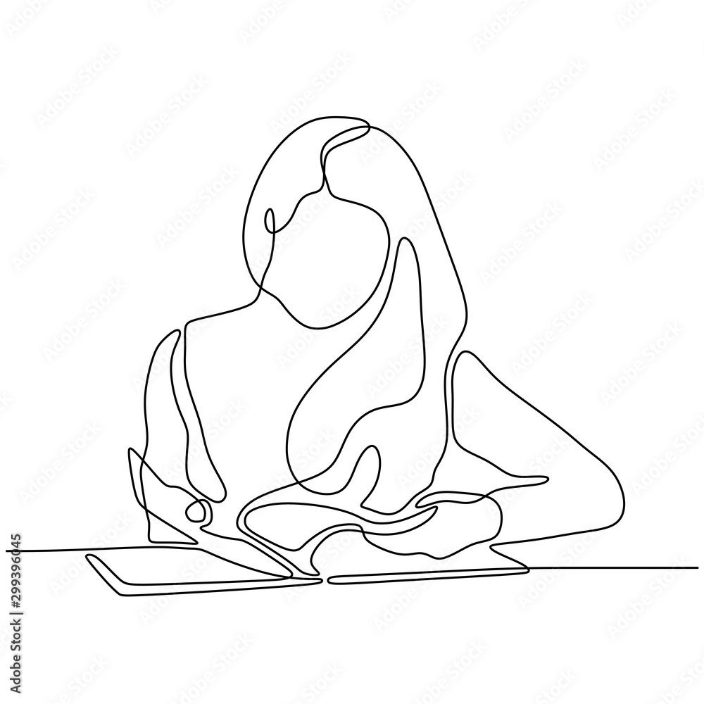 Teenager Girl Reading Book Continuous One Line Vector Illustration