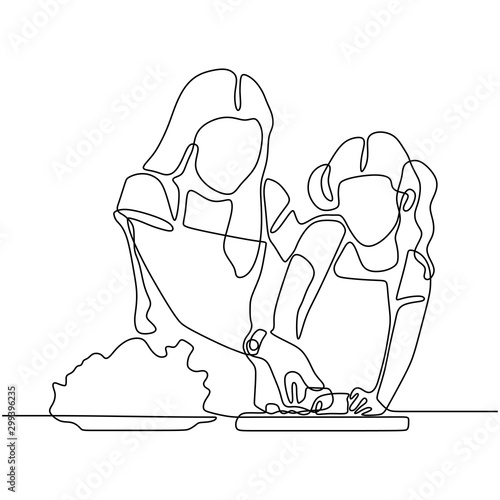 Continuous line drawing of mother and daughter cooking a food. Vector family time one hand drawn single sketch illustration. 240919