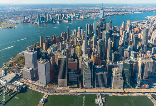 Photography Aerial view to New York City Skyline from helicopter.