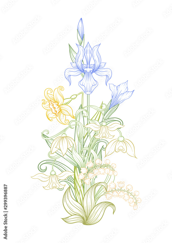 A bouquet of spring flowers. Element for design. Vector illustration. In art nouveau style, vintage, old, retro style. Isolated on white background..