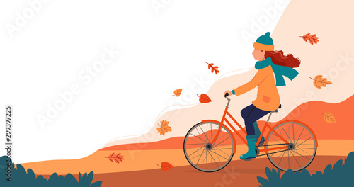 Woman riding bike in autumn. Vector illustration in flat style