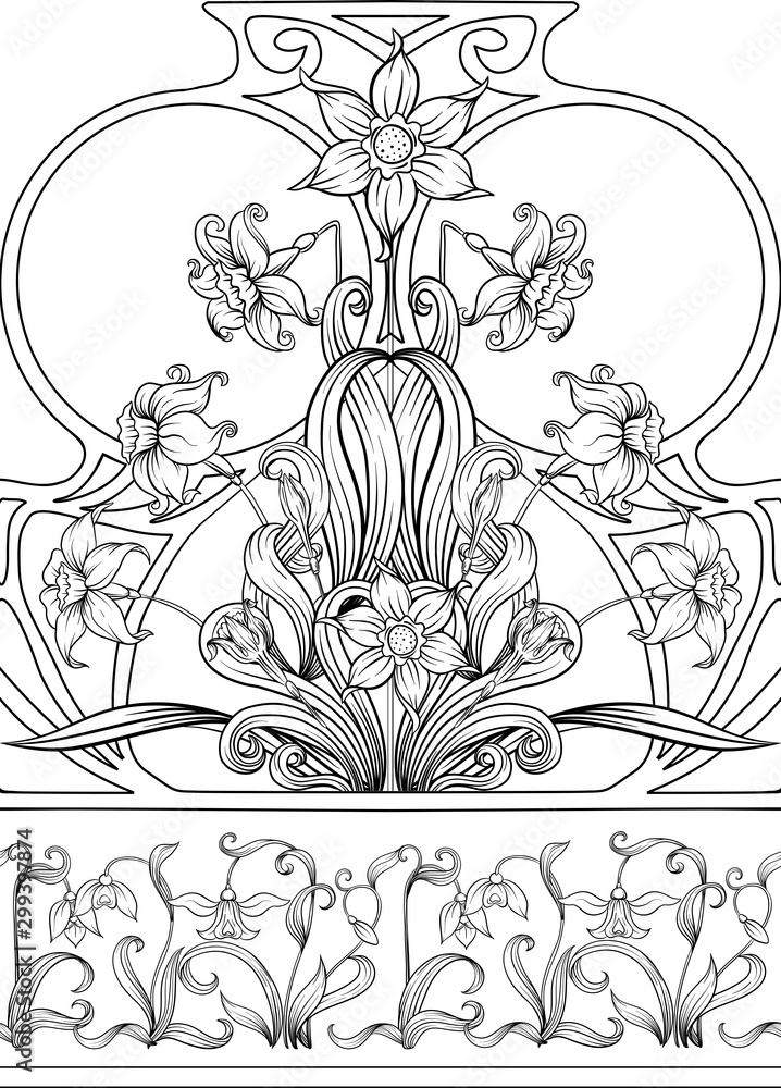 Spring flowers seamless pattern, background. Outline hand drawing vector illustration. In art nouveau style, vintage, old, retro style.. Spring flowers seamless pattern, background. Outline hand drawing vector illustration. In art nouveau style, vintage, old, retro style..