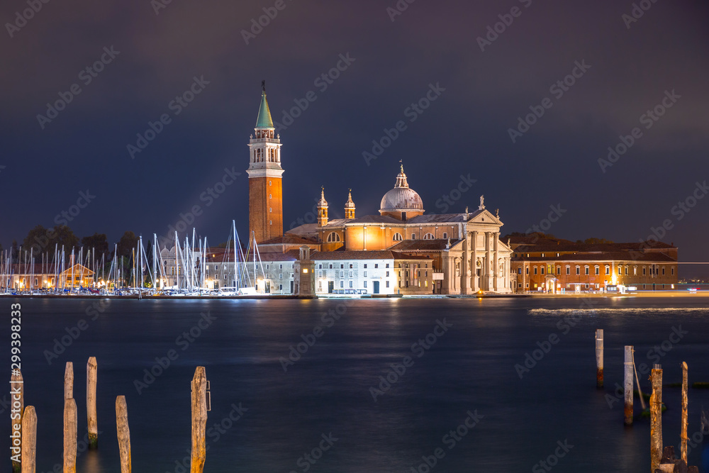 San Giorgio Maggiore Church on the island of Venice at night, Italy
