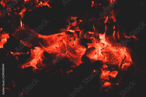 Bright colorful glowing orange-red embers bonfire. © Sergio 