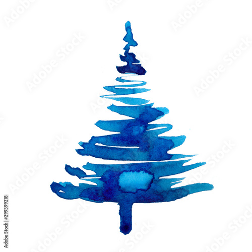 Watercolor winter christmas tree isolated on white background. Hand painting Illustration spruce for print, texture, wallpaper or greeting card. Blue color. Beautiful watercolour art. Pine tree