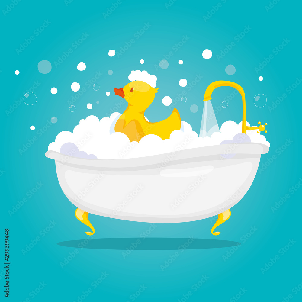 Naklejka premium Modern vector illustration of bathtime and spa with soap foam bubbles and yellow duck.