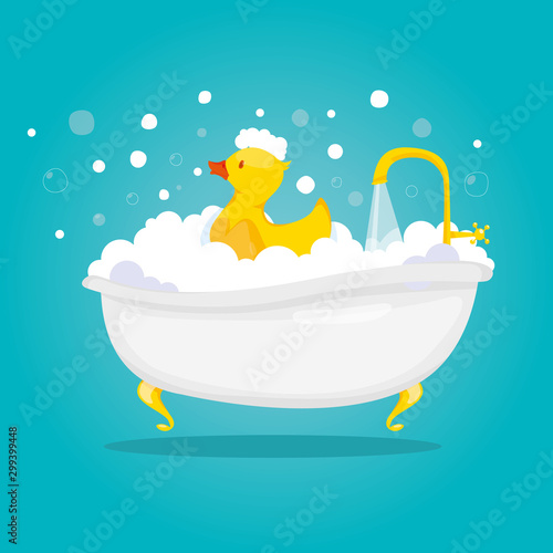 Modern vector illustration of bathtime and spa with soap foam bubbles and yellow duck.