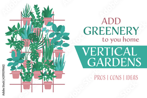Indoor vertical garden, greenery wall with plants in pots hanging on trellis, frame, horizontal banner design with place for text, vector illustration. Indoor vertical garden website banner
