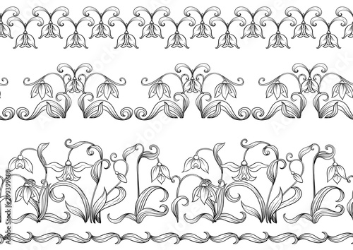 Galanthus, snowdrop. Seamless pattern, background. Outline hand drawing vector illustration In art nouveau style, vintage old retro style.