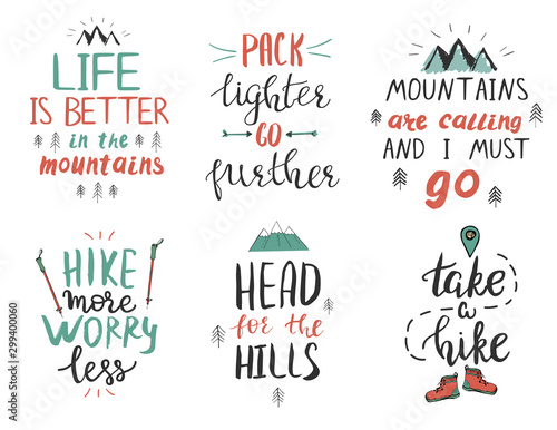 Set of motivational and inspirational quotes about mountains and hiking.