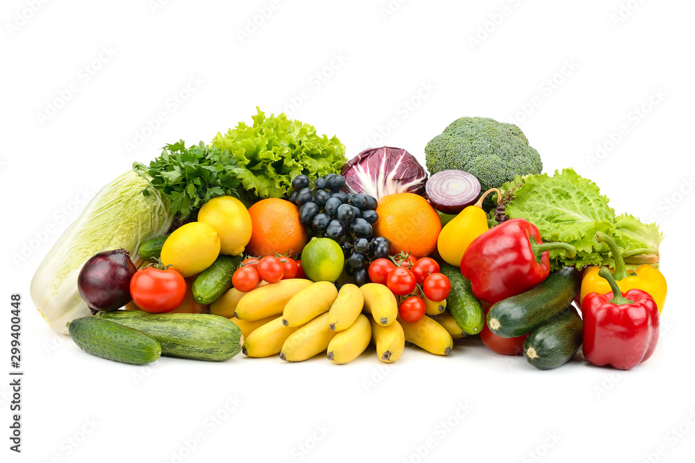 Different multi-colored healthy fruits and vegetables isolated on white